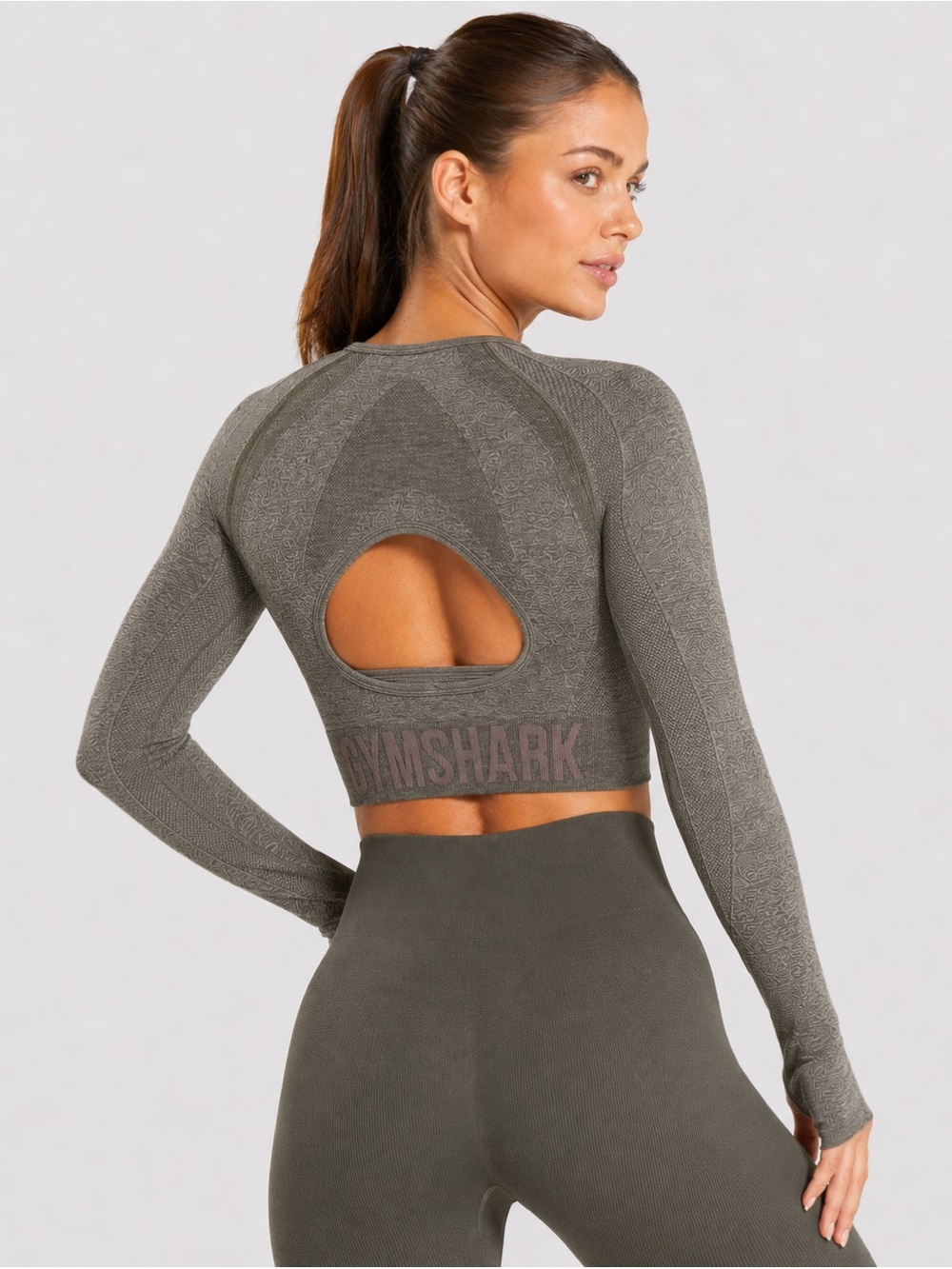 Gymshark Flex Sports Open Back Long Sleeve Crop Top Olive Grey S - Picture 2 of 9